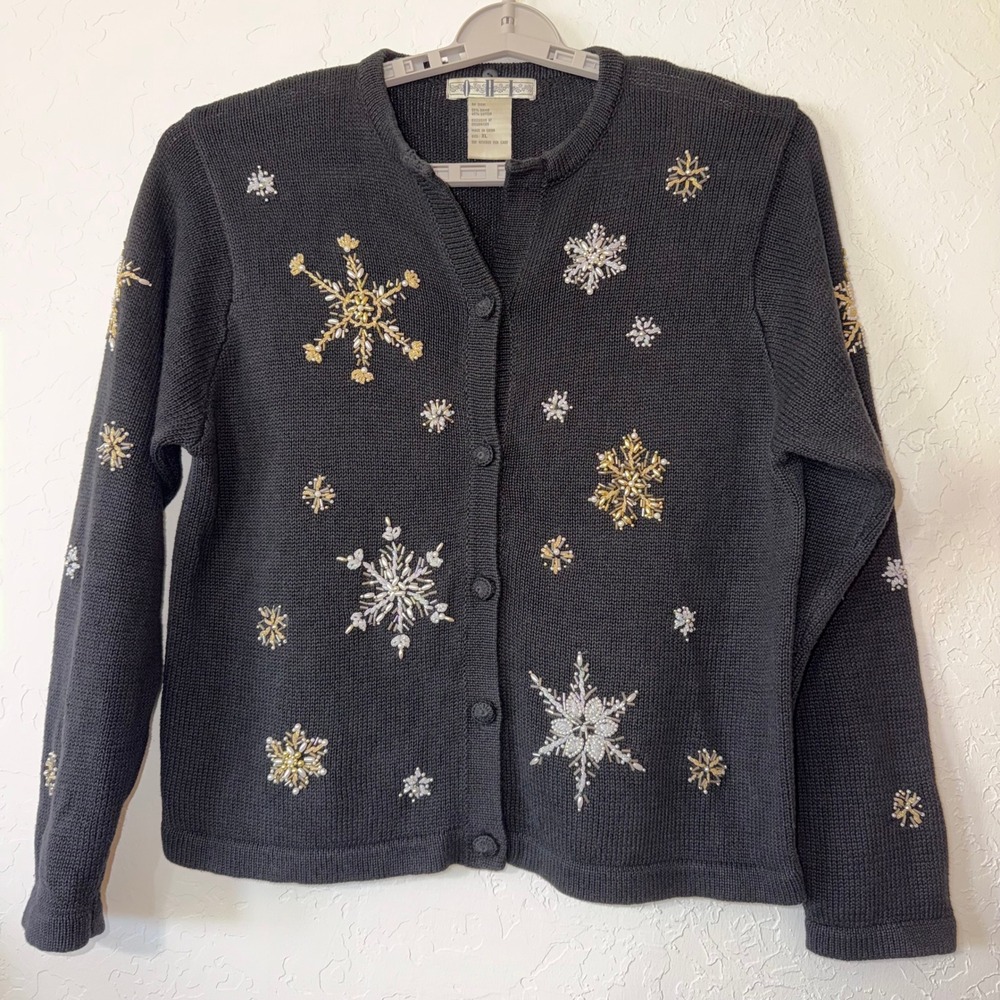 VTG 90s OHI Beaded Snowflake Christmas Cardigan Sweater Black XL Holiday